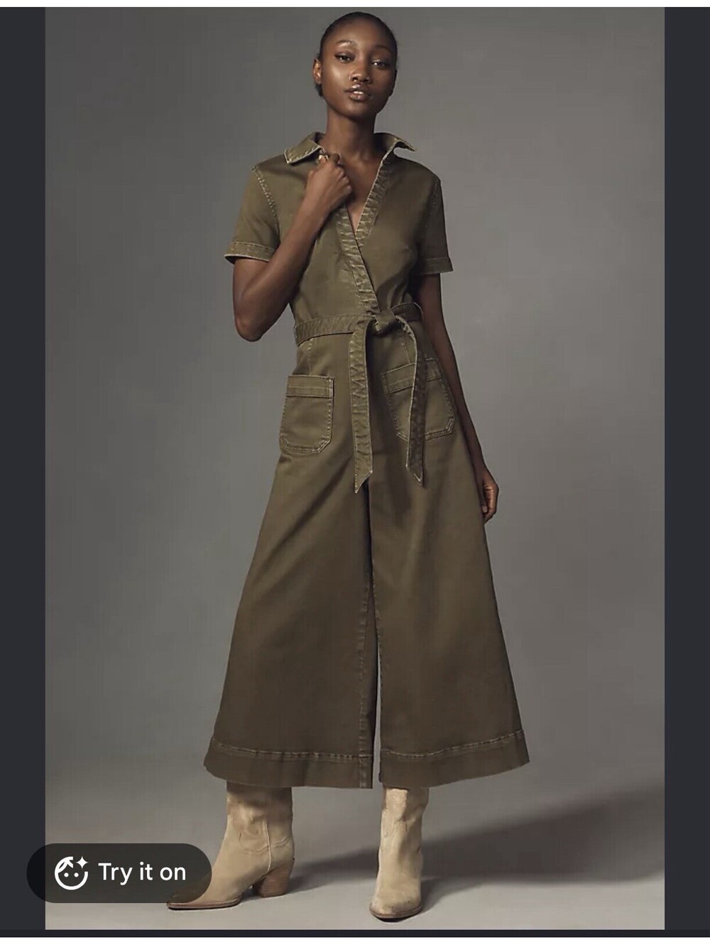 Anthropologie The Colette Wrap Jumpsuit Maeve Denim Olive Green 8 *missing Belt